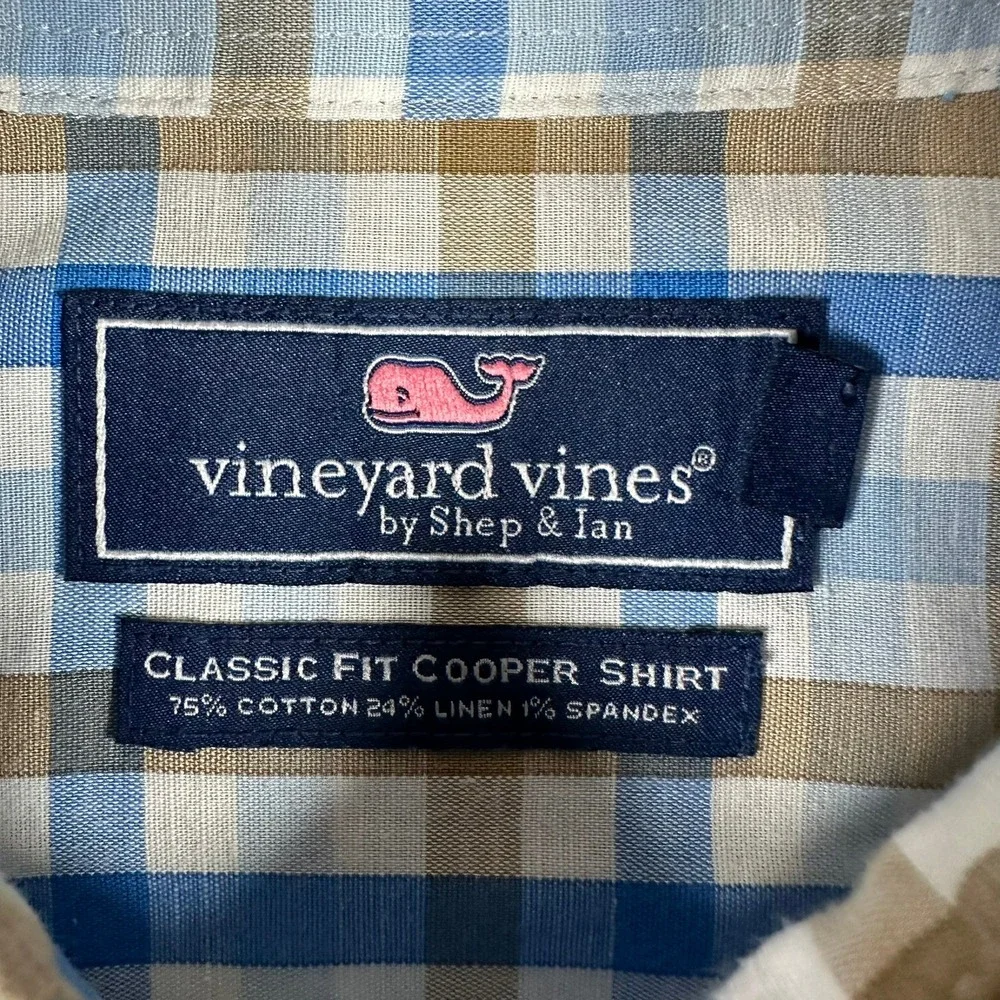 Vineyard Vines Mens Large Classic Fit Cooper Shirt Blue Brown Plaid‎ Preppy